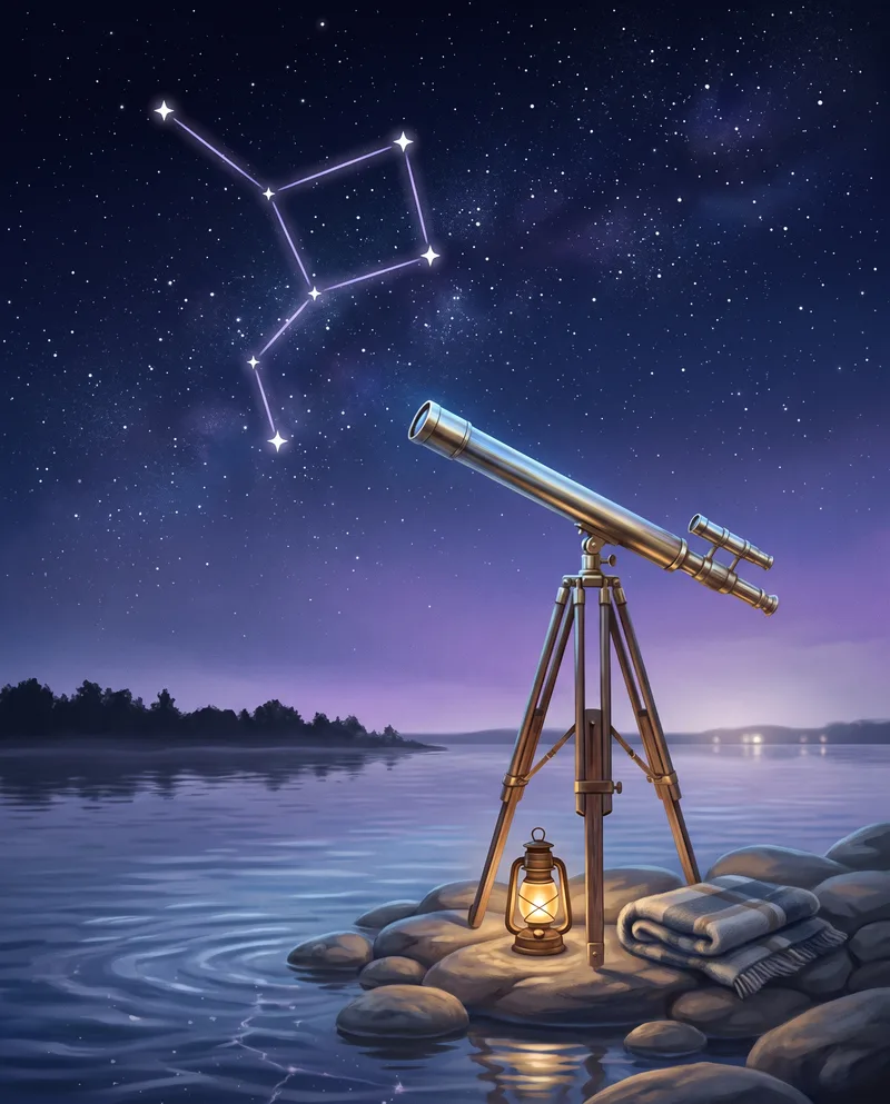 Illustration d'un télescope en laiton sur un trépied, au bord d'un lac rocheux la nuit, pointé vers une constellation dessinée dans le ciel étoilé