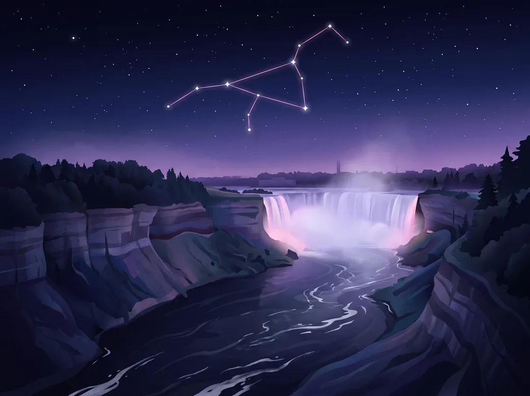 Illustration stylisée de la gorge de la rivière Niagara la nuit : falaises abruptes, chute embrumée au loin et ciel bleu profond rempli d'étoiles