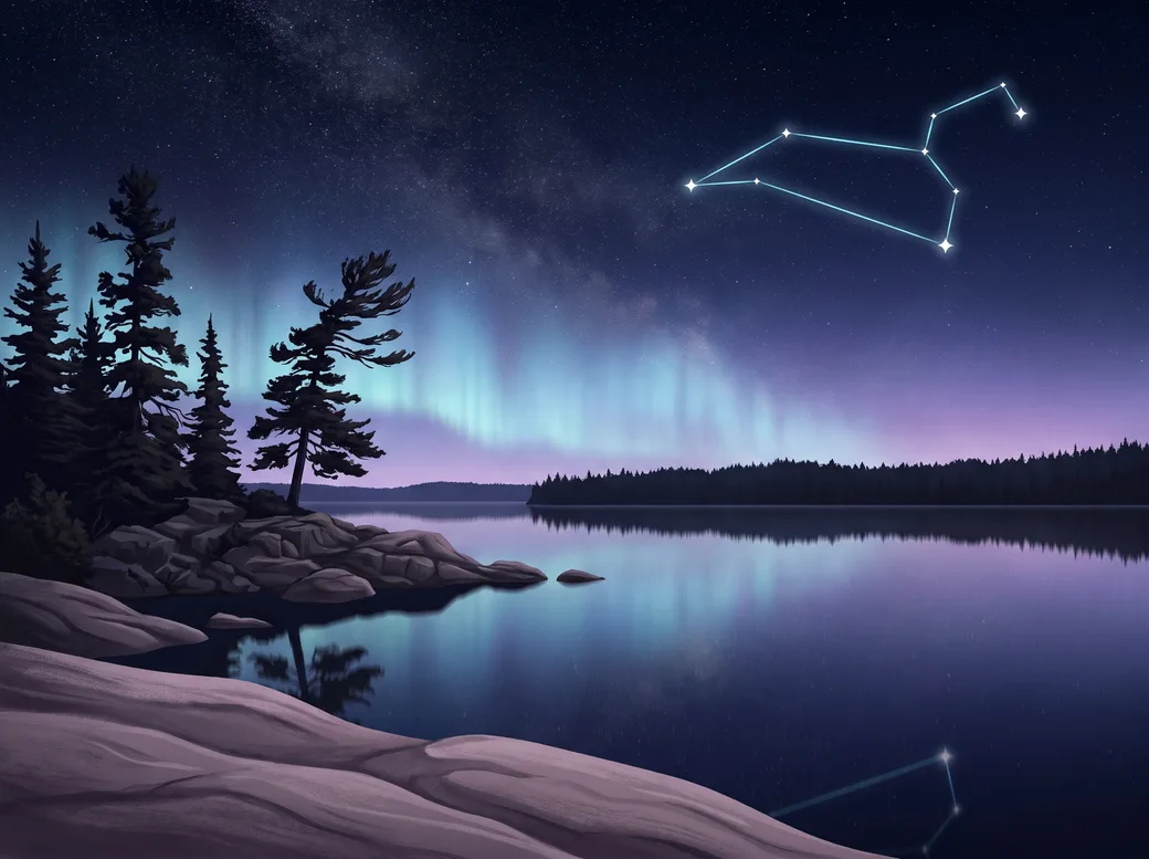 Stylised illustration of a calm northern Ontario lake at night, granite shore and black spruce silhouettes under a sky of stars and a faint aurora