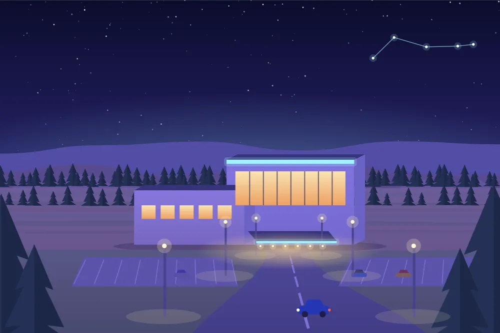 Twilight illustration of a new casino building among pines and rocky hills in North Bay