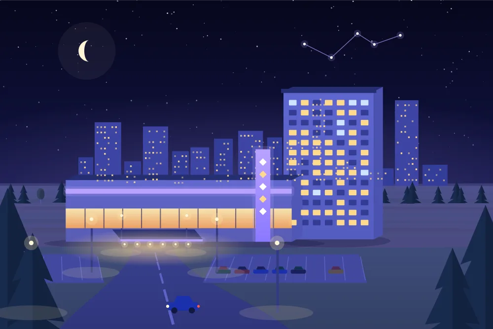 Night illustration of a resort hotel tower and casino on the south side of Ottawa, city lights beyond