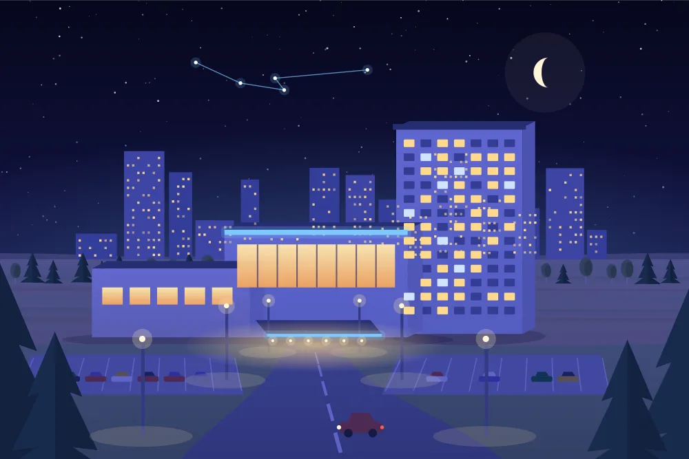 Illustration nocturne de la tour d'un hôtel et d'un casino à Pickering, avec les lumières de la ville à l'horizon
