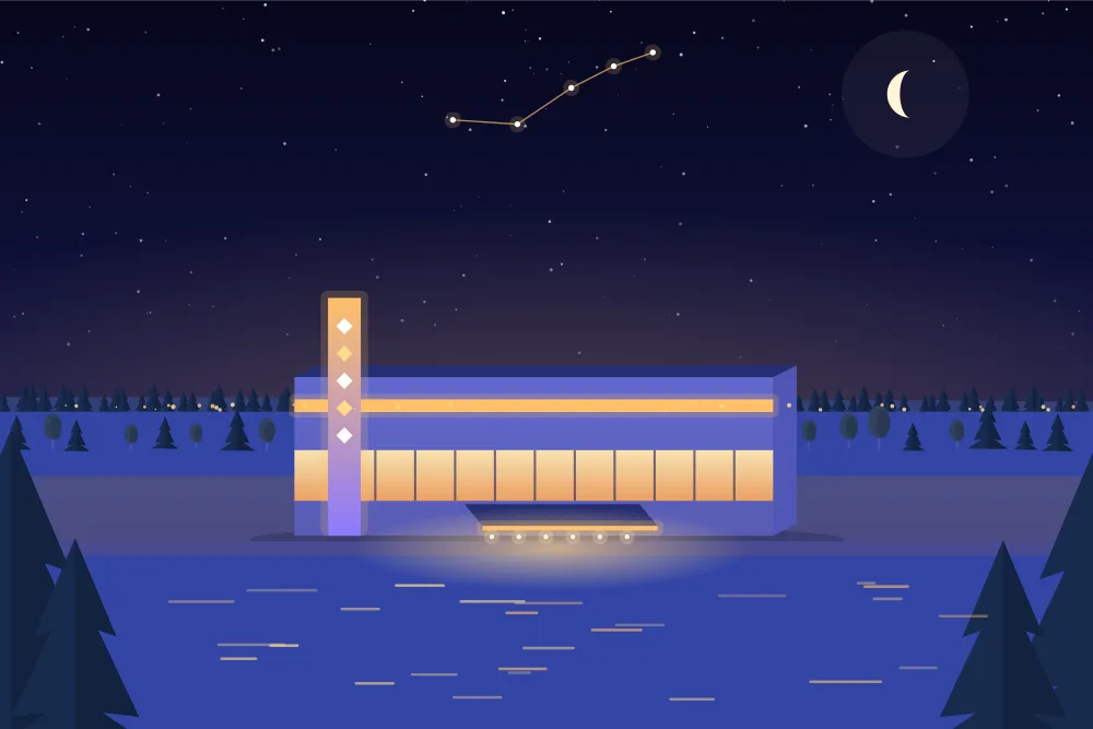 Illustration nocturne d'un casino au bord de l'eau à Point Edward, ses lumières reflétées dans la rivière