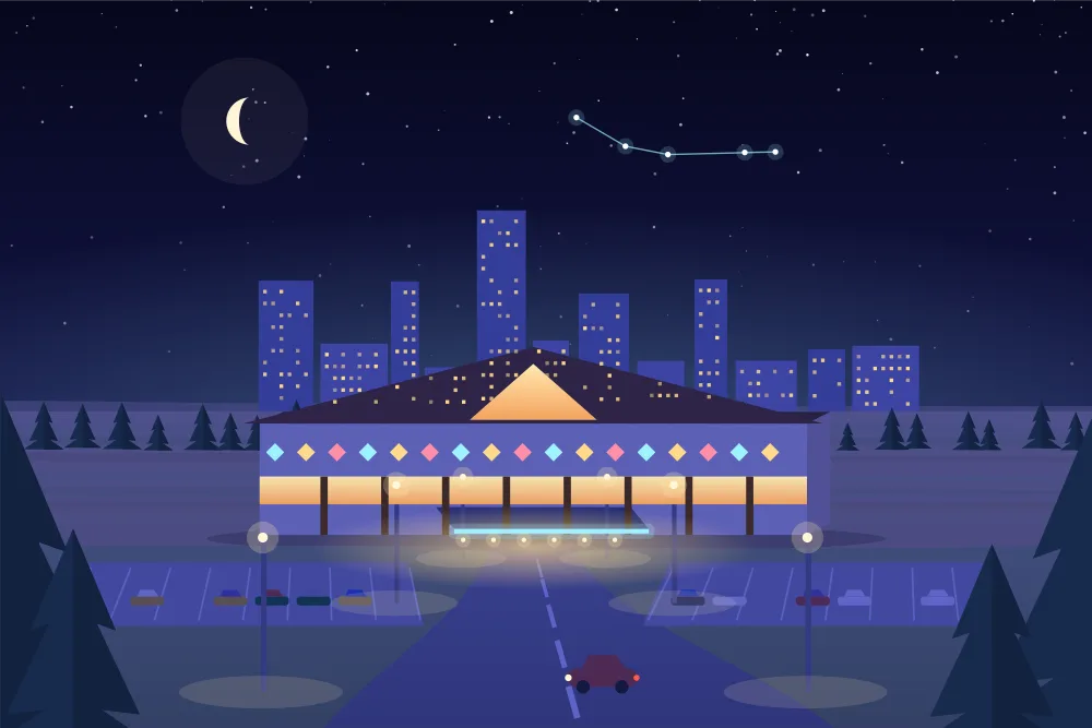 Night illustration of a lodge-style casino on Bay Street in Sault Ste. Marie, city lights beyond