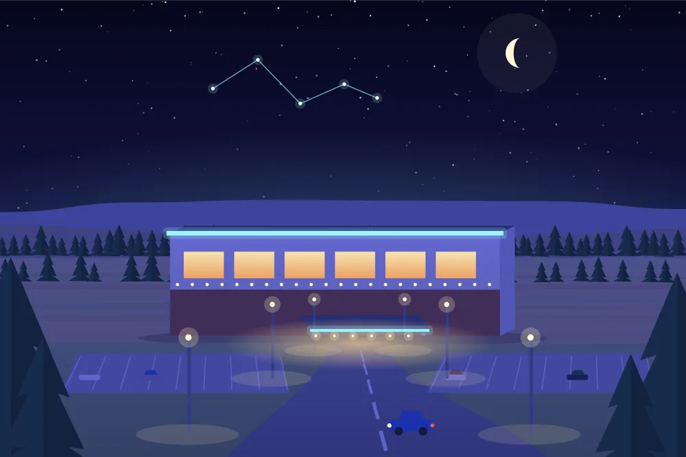 Night illustration of a casino among rocky hills and pines near Sudbury