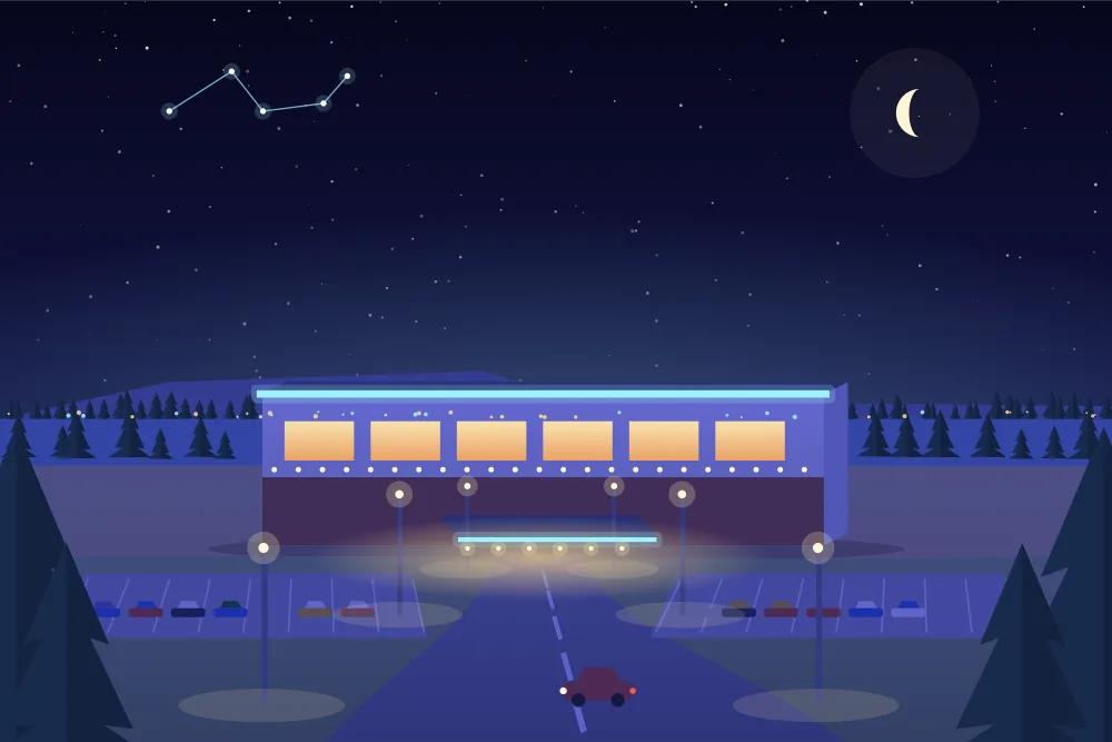 Illustration nocturne d'un casino du centre-ville de Thunder Bay, avec des collines sombres de l'autre côté de l'eau