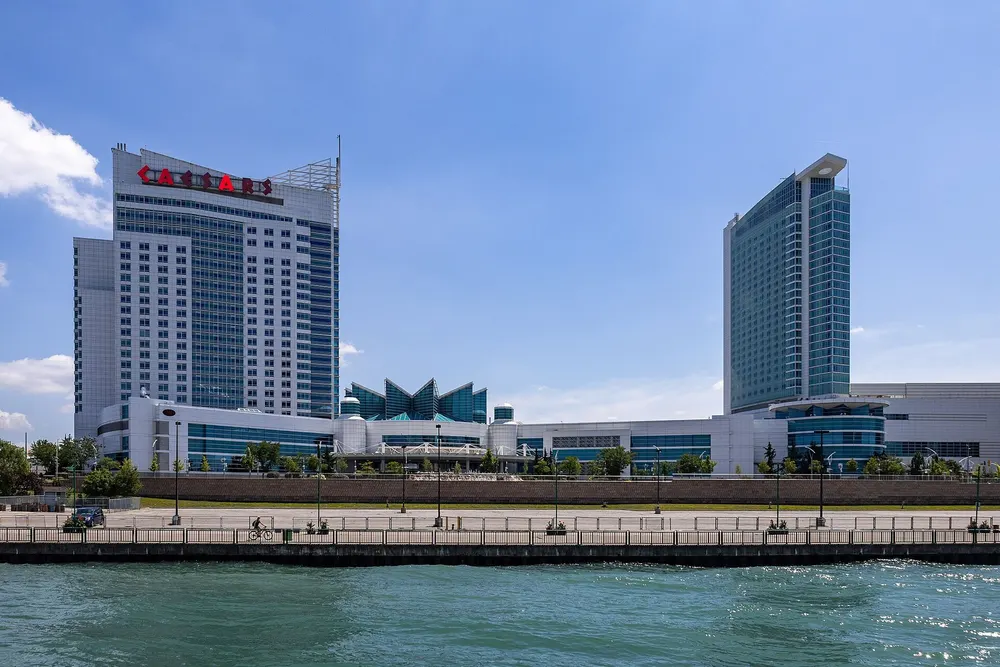 Caesars Windsor seen from the Detroit River: two hotel towers above the low casino complex on the riverfront