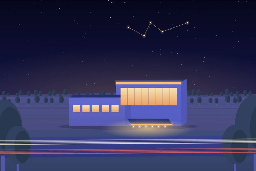Night illustration of a casino beside a busy highway near Woodstock, with light trails on the road